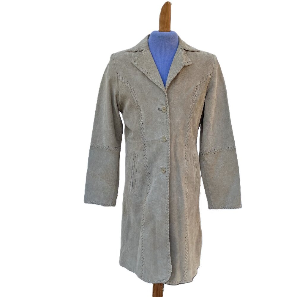 Vintage Rickis Suede Leather Car Coat Long Blazer Jacket Beige Whipstitch Detail